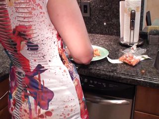 brunette cooking and sucking cock