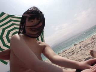 japanese girl sucks two cocks on the beach